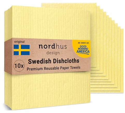 Nordhus Design Paños de cocina suecos, amarillo cítrico, paquete de 10, reutilizables, lavables, paños de cocina de algodón de celulosa - Reemplaza toallas de papel, toallitas, esponjas, trapos de