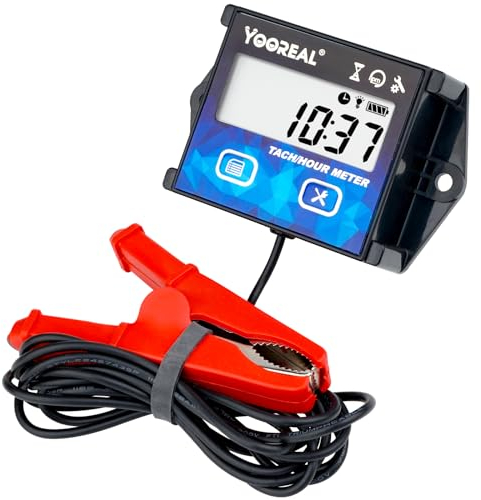 YOOREAL Digitaler Drehzahlmesser, Betriebsstundenzähler, Wartungserinnerung mit Clips, Hintergrundbeleuchtung, eingebauter Batterie, wasserdicht für Rasenmäher, Motorrad usw.