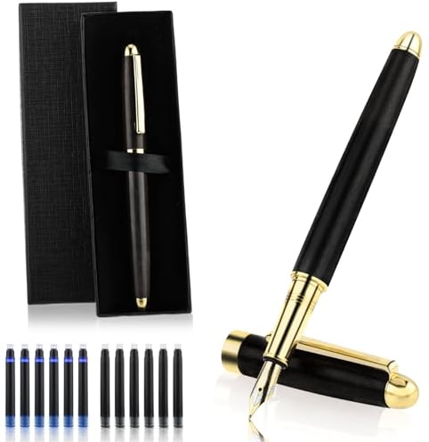 TIESOME Brass Wooden Fountain Pen Set, Vintage Luxury Wood Fountain Pen 0.5mm with 12 Pcs 2.6mm Ink Cartridges and Box Retro Fine Point Pens Calligraphy Pens Smooth Writing for Journaling Gift(B)