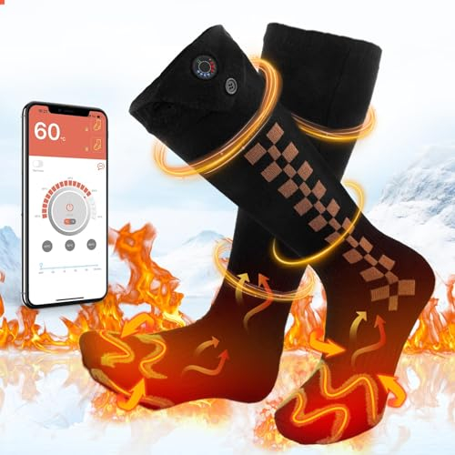 Chaussette Chauffante, Chaussettes Chauffantes avec Télécommande APP Chaussettes Hommes Femmes avec 3000mAh Rechargeable Batteries, pour Sports Extérieurs Camping Randonnée Pêche Cyclisme Ski (M)