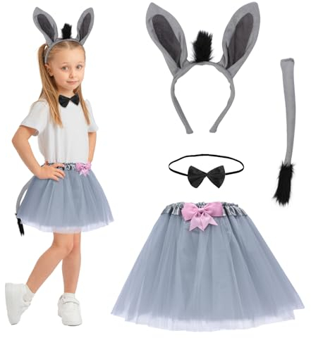 HONMOK 4 Stück Esel Kostüm Set Kinder Tier Kostüm mit Eselohren Stirnband Eselsschwanz Schleife Grau Tutu Rock Mädchen Tier Cosplay Kostüm für Karneval Fasching Mottoparty Geburtstag Rollenspiele