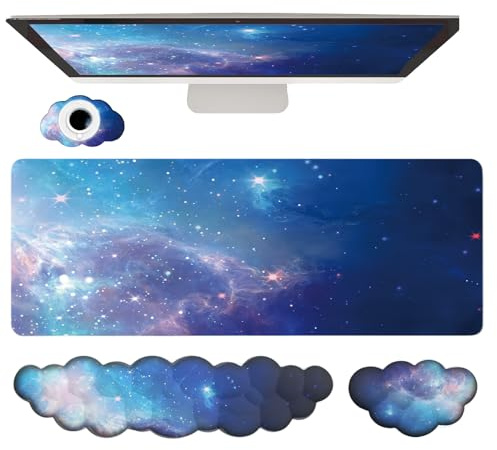 Cloud Wrist Rest Keyboard Galaxy Mouse Pad Set Gradient Blue Large Desk Mat Ergonomic Space Wrist Pad Memory Foam Non-Slip Stars Wrist Support for Computer Laptop Gaming Home Office Relief Typing Pain