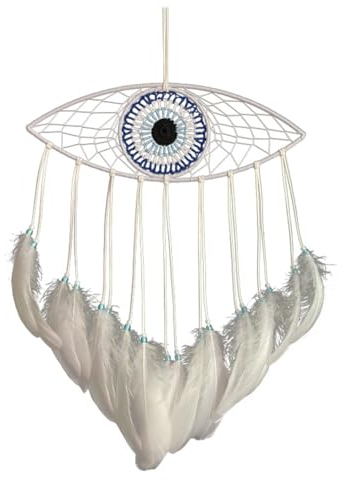 Wisafory Traumfänger Böser Blick Dreamcatcher mit Federn Augen Traumfänger Makramee Wandbehang Ornament Evil Eye Dreamcatcher Traumfänger für Wohnzimmer Schlafzimmer Dekoration Geschenk Weiß
