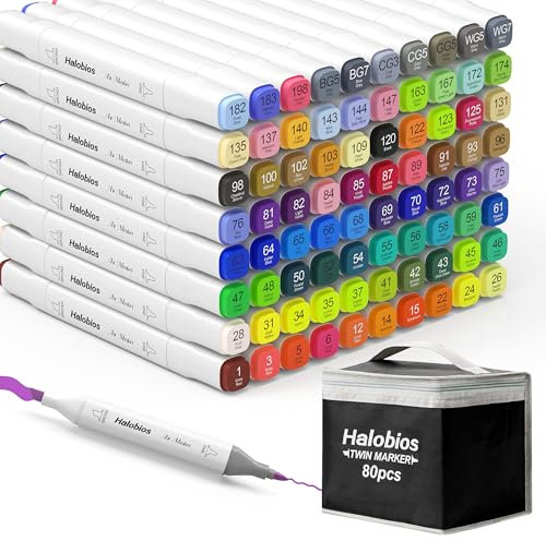 Halobios 80 Colors Marker Set, Permanent Alcohol Markers, Dual Tip Fine & Chisel Art Markers for Drawing, Sketching, Anime, Manga, Adult Colouring Pens for Kids Students Artists with Carrying Case