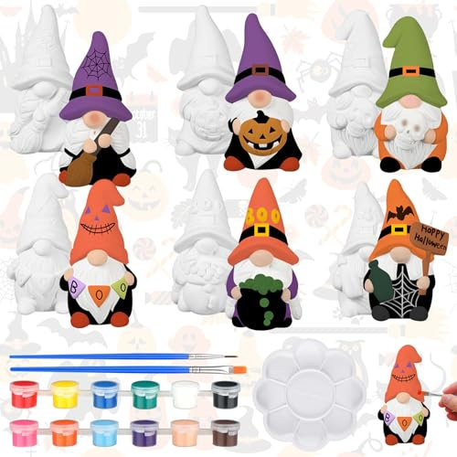 CroBlissful 6 Sets Paint Your Own Ceramic Gnome Statues Ready to Paint Ceramics Paintable Gnome Figurines Unpainted Plaster Arts and Crafts with Brush Palette for Adults (Halloween)