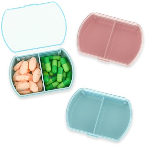 Pillendose Tablettenbox mit 2 Fächer Gjinxi Handlicher Medikamentenbox Klein Pillenbox Feuchtigkeitsbeständige Pillenboxes Mini Medikamenten-Organizer für Reise und Täglichen Gebrauch (Blau Rosa)