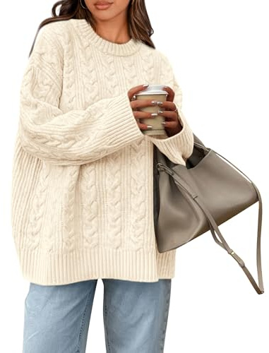 Okiwam Women's Oversized Sweaters Crewneck Cable Knit Pullover,Beige,XXL