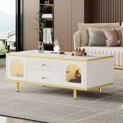 ModernLuxe Coffee Table with Storage, 2 Doors & 2 Drawers, Stylish Side Table with 16-Colour LED Lights, Marble Pattern Coffee Tables for Living Room, High Gloss Table Top, Golden Metal Decor, White
