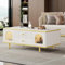 ModernLuxe Coffee Table with Storage, 2 Doors & 2 Drawers, Stylish Side Table with 16-Colour LED Lights, Marble Pattern Coffee Tables for Living Room, High Gloss Table Top, Golden Metal Decor, White