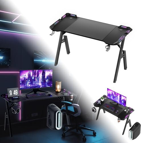ACXIN 120 x 60cm Gaming Tisch Gamer Schreibtisch A-förmiger Computertisch mit RGB LED-Licht, Kohlefaseroberfläche Ergonomischer Eckschreibtisch mit Getränkehalter und Kopfhörerhaken