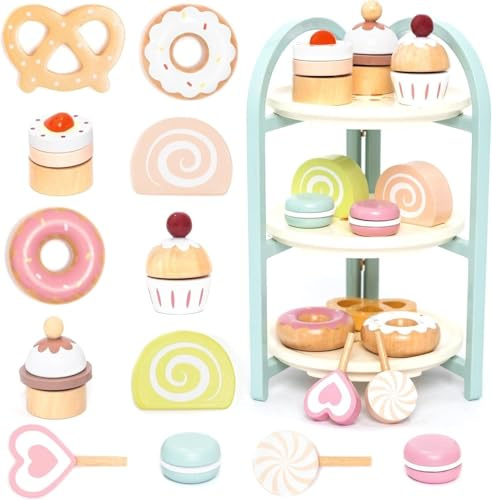 UMU® Holz Kinderküche Dessert Spielset - inkl. Ständer, Süßwaren, Teeservice Zubehör für Spielküche u. v. m., Holzspielzeug für Kinder ab 3 4 5 6 Jahren