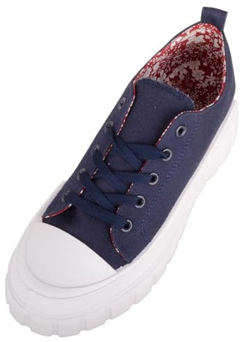 Womens Lace Up Canvas Trainer Pumps with Chunky Sole - Navy - UK 6