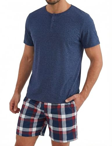 Uniexcosm Pyjama Homme Coton Ete Manches Courtes À Carreaux Pantalon Marine