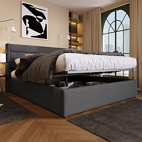 Merax Polsterbett Doppelbett mit Stauraum, Hydraulisch Stauraumbetten Bett mit Lattenrost aus Metallrahmen, Jugendbett 180x200cm/Leinen, Grau