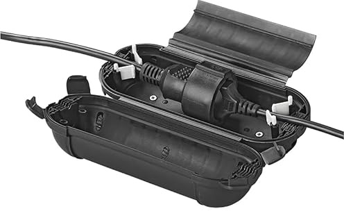 Sicherheitsbox Wasserdicht IP44 Outdoor - Schutzbox für Verlängerungskabel & Schukostecker - CEE, Schutzgehäuse, Zugentlastung, in Schwarz, Blau, Grün, Rot (schwarz, für Schuko Stecker)