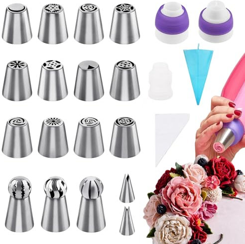 Tüllen Groß für Spritzbeutel mit 17 Aufsätzen- 32 Stück Edelstahl Russische Spritztüllen Set - Kugel, Rüschen & Blattspitzen- Torten Zubehör für Cupcakes & Kuchen Dekorieren, Blumen Torten Dekorieren
