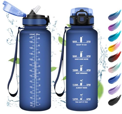 KollyKolla Water Bottle 1.5 L, Sports Water Bottle with Straw, Motivational Water Bottle with Time Marking, Leak-Proof, Water Bottle for Camping, Cycling, Bike, Outdoor, Adults