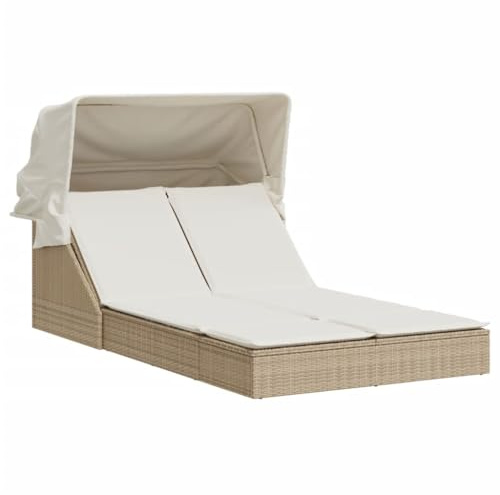 Emmtore Sonnenliege, Doppelliege mit Dach Auflagen, Gartenliege Verstellbare Rückenlehne, Relaxliege Liege Gartenmöbel,Poly Rattan Sonnenliege,Beige