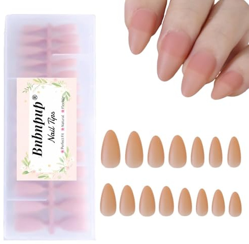 BnbnPup【240 Stück + 15 Größen】Soft Gel Press On Nails – Natürliches Rosa Mandel & Trapez Nagelspizen | Für Französisches Design (Mandelförmige Nägel)