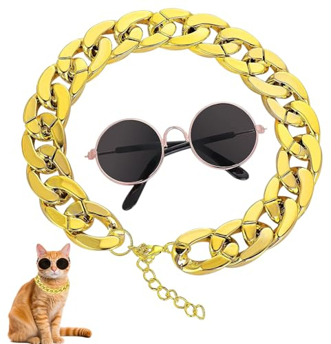 Anseom Cat Sonnenbrille Goldkette Kostümdekorationen UV-Schutz Brille für Katzen Klassische Sonnenbrille Verstellbare Kette Cosplay Kostüm Coole Foto Requisiten (1 schwarzes Glas + 1 Goldkette)
