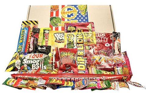 Super Sour Sweet Gift Box Hamper 34 Treats Ultimate American and World Candy. Gift for Adults or Children as Birthday Christmas Easter Gift for him or her.