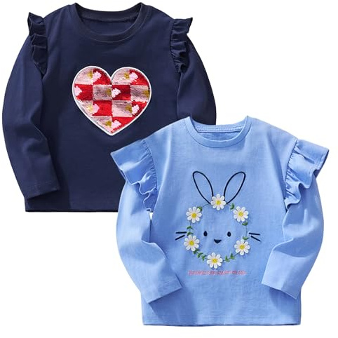 Pilipulu T-Shirt à Manche Longue Filles Tee Shirt Enfant Fille Lot de 2 in Cotone Imprimé Licorne pour Enfants 3-9 Ans
