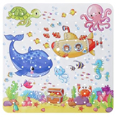 Duschmatte Rutschfest Kinder Quadratisch Antirutschmatte Dusche 53×53cm Rutschmatte Badewanne Cartoon-Muster Badematte Kinder mit Abflusslöchern und Rutschfester Saugnäpfen, PVC Maschinenwaschbar-Bunt