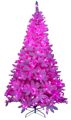 4Ft Flocked Prelit Pink Christmas Tree with Pink LED Lights Multifunction, Snow Dusted Artificial Pine Foldable Metal Stand 308 Tips Hinged Branches Snowy Bushy Luxury Holiday Home Decoration
