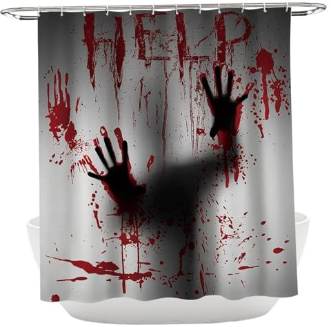 Help Me Horror-Duschvorhang, 180 x 180 cm, Design mit blutigen Händen, gruselige, gruselige Halloween-Badezimmerdekoration