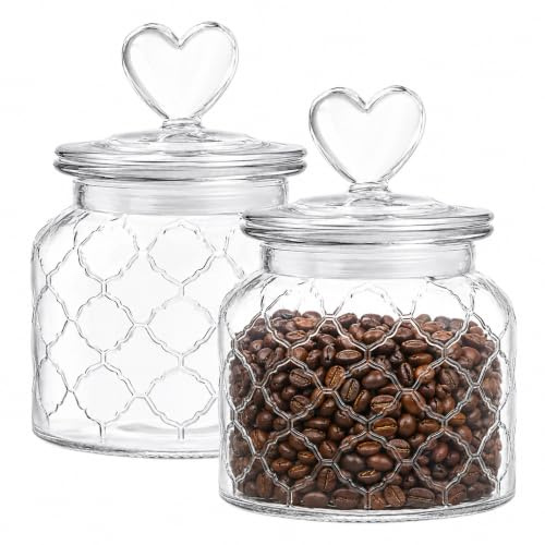 GOEDCH 2 Stück 950ml Candy Bar Gläser: Herzförmiger Deckel Bonbonglas, Versiegelter Glasbehälter, Dekorative Vorratsgläser, für Küche Süßigkeiten Keks Kaffee Vorrat, Liebe Design, Transparent, 11×19cm