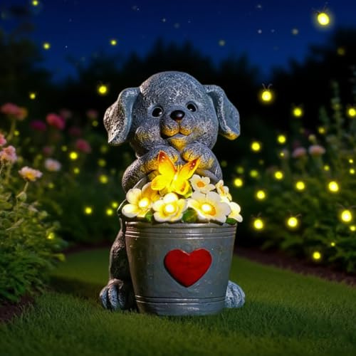 WRQIOO Solar Hund Gartendeko, Hund Gartenfiguren, Hunde Figuren mit Schmetterling Solar Deko für Außen, Wetterfeste Hunde Statue Deko für Garten Balkon Zimmer, Garten De-ko Personalisierte Geschenke