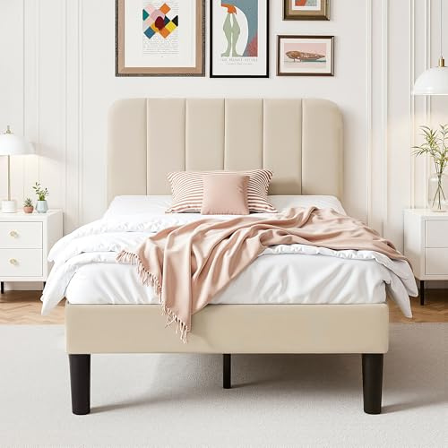 VECELO Polsterbett 90x200 cm Einzelbett, Höhenverstellbarem Kopfteil, Massivem Holzlattenrost, Samtstoff und Einfache Montage, Ideal für Jugendzimmer, Beige
