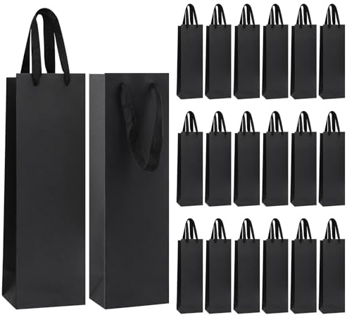Ktxaby 20Pcs Kraft Paper Wine Bags with Handles,Wine Bottle Gift Bag Bulk,Wine Tote Bags Whiskey Champagne Bottles Bag for Christmas,Wedding,Party(Black)