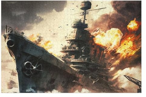 75x50cm/1000pcs Jigsaws for Teenagerss Warship in Flames Epic Battle Scene Adult Jigsaw Puzzle Toy Wall Decor Precision Cutting Great Gift for Gaming 75x50cm/1000pcs