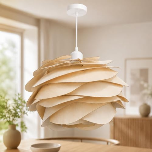 JOYINLED Handgefertigte Pendelleuchte Holz E27 Weiß 30cm, Hängelampe Wohnzimmer, Esstisch Lampen hängend, Deckenlampe hängend für Esstisch, Schlafzimmer, Flur, Restaurant und Bar, ohne Leuchtmittel