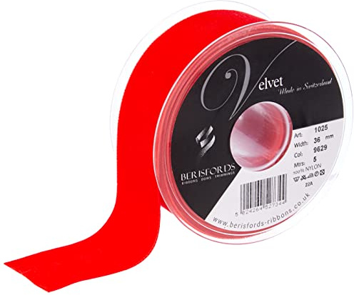 Berisfords Velvet Ribbon Red 45mm x 10m - Nylon Craft Ribbon for Sewing, Gift Wrapping and Hair Accessories