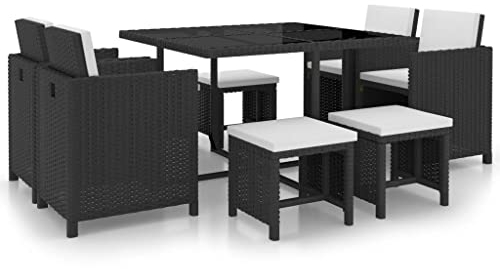 vidaXL Gartenmöbel 9-TLG. mit Auflagen Gartenset Sitzgruppe Sitzgarnitur Gartengarnitur Gartentisch Tisch Esstisch Stühle Poly Rattan Schwarz