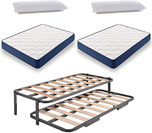 HOGAR24 ES Cama Nido Metálica Reforzada + 2 Colchones Viscoelasticos Viscorelax + 2 Almohadas De Fibra Resinada, 90x190 cm
