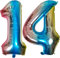 DIWULI Luftballon 14 Geburtstag XL Blau Regenbogen - Folienballon 14, Zahl 14 Ballon 14 Jahre, Geburtstagsdeko 14. Geburtstag Party-Deko Junge Mädchen, Zahlen-Ballon Groß Dekoration, Zahlen-Luftballon
