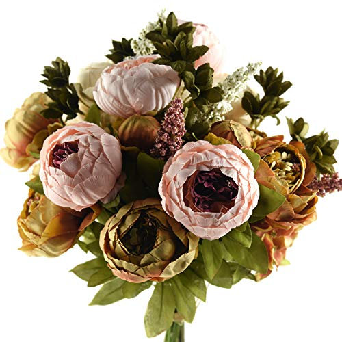 FiveSeasonStuff 2 Bouquet of Peony Silk Artificial Flowers and Hydrangeas/Perfect for Wedding, Bridal, Party, Home, Office Décor (Brown & Nude Pink (2 Bundles))
