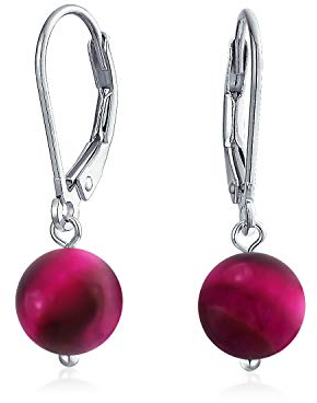Einfache Basic Schlichte Runde Gefärbte Fuchsia Tigerauge Perlen Tropfen Kugel Hängehebel Ohrringe Für Frauen .925 Sterlingsilber