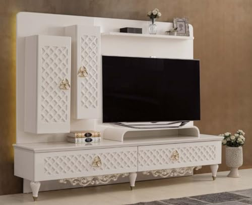 Casa Padrino Luxus Barock TV Schrank Weiß/Gold 225 x 51 x H. 170 cm - Massivholz Schrank - Wohnzimmerschrank - Wohnzimmer Möbel im Barockstil