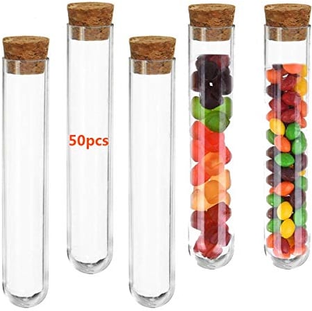 Reagenzglas,RoadLoo 50 Stück 16x100mm Klein Reagenzröhrchen Kunststoff mit Natur-Korken Qualität Transparent Reagenzgläser Starkwandig Mini Behälter für Labor Flüssigkeit Gewürze Blumen Dekorieren