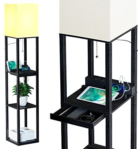 SUNMORY Floor Lamp with Shelves,Modern Dimmable Solid Wood Standing Lamp with 1 Drawer and 2 USB Ports & 2 Power Outlet,Corner Tall Bookshelf Lamp for Living Room and Bedroom(Black)