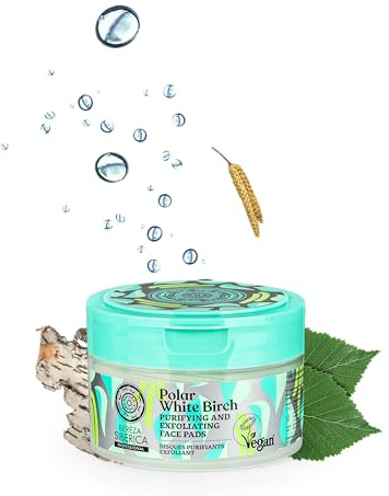Natura Siberica Polar White Birch Purifying Exfoliating Face Pads – Gesichts‑Pads mit Peeling‑Effekt – porentief reinigend, Talg regulierend & sanft exfolierend – Gesichtspeeling Pads, 20 Stück