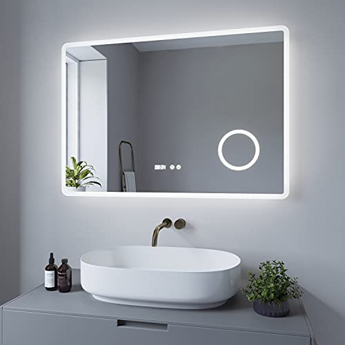 Miroir de Salle de Bain avec éclairage LED et Horloge, Miroir Mural avec éclairage LED,100x70cm BORAS Type D | Blanc Froid 6400K, Anti-buée, Interrupteur Tactile dimmable, Horloge numérique, 3X loupe