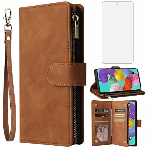 Asuwish Coque de protection en verre trempé pour Samsung Galaxy A51 5G / A 51 5G UW Verizon - Avec rabat et porte-cartes - Pour téléphone portable Glaxay 51A G5 Gaxaly S51 - Marron