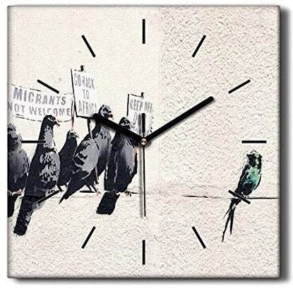 Coloray Uhr auf Leinwand Dekoration 30x30cm Wand Uhr Segeltuch Ohne tickendes Geräusch Wohnzimmer - Banksy Tauben