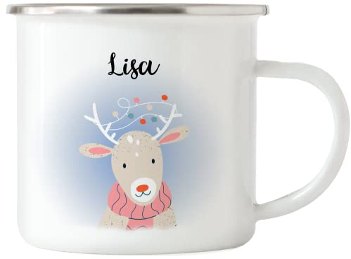Kiddle-Design Emaille-Tasse Weihnachten Kinder personalisiert mit Name | Kindertasse mit Rentier-Motiv Geschenk Jungen Mädchen zu Weihnachten Nikolaus Tasse
