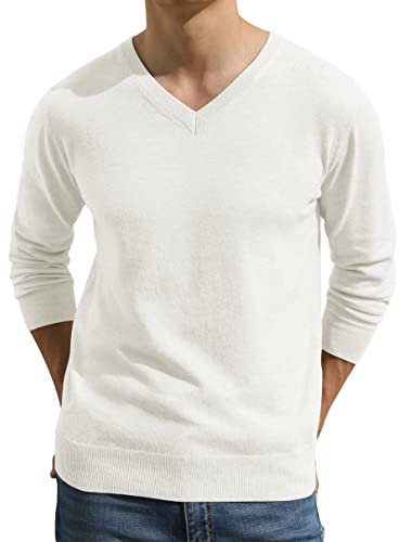Hisir Men's V Neck Jumpers Tops Winter Lightweight Knitted Jumper Long Sleeve Soft Warm Knitwear Pullover Sweaters for Men (White, XL)